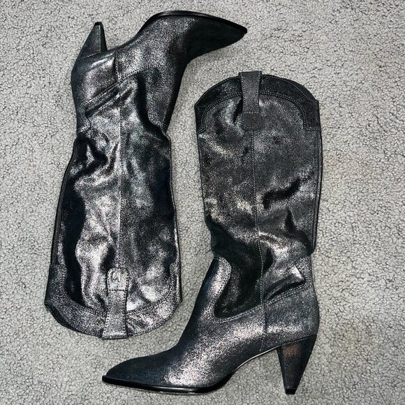 LARROUDE LOUISE Western Boots Graphite Metallic Suede Leather Slouchy - EUC - 8 - Picture 1 of 10